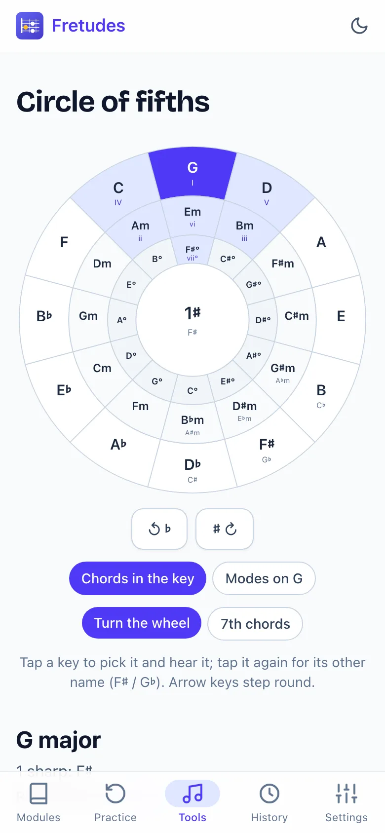 The circle of fifths on a phone, turned to G major, with its chords lit and numbered.