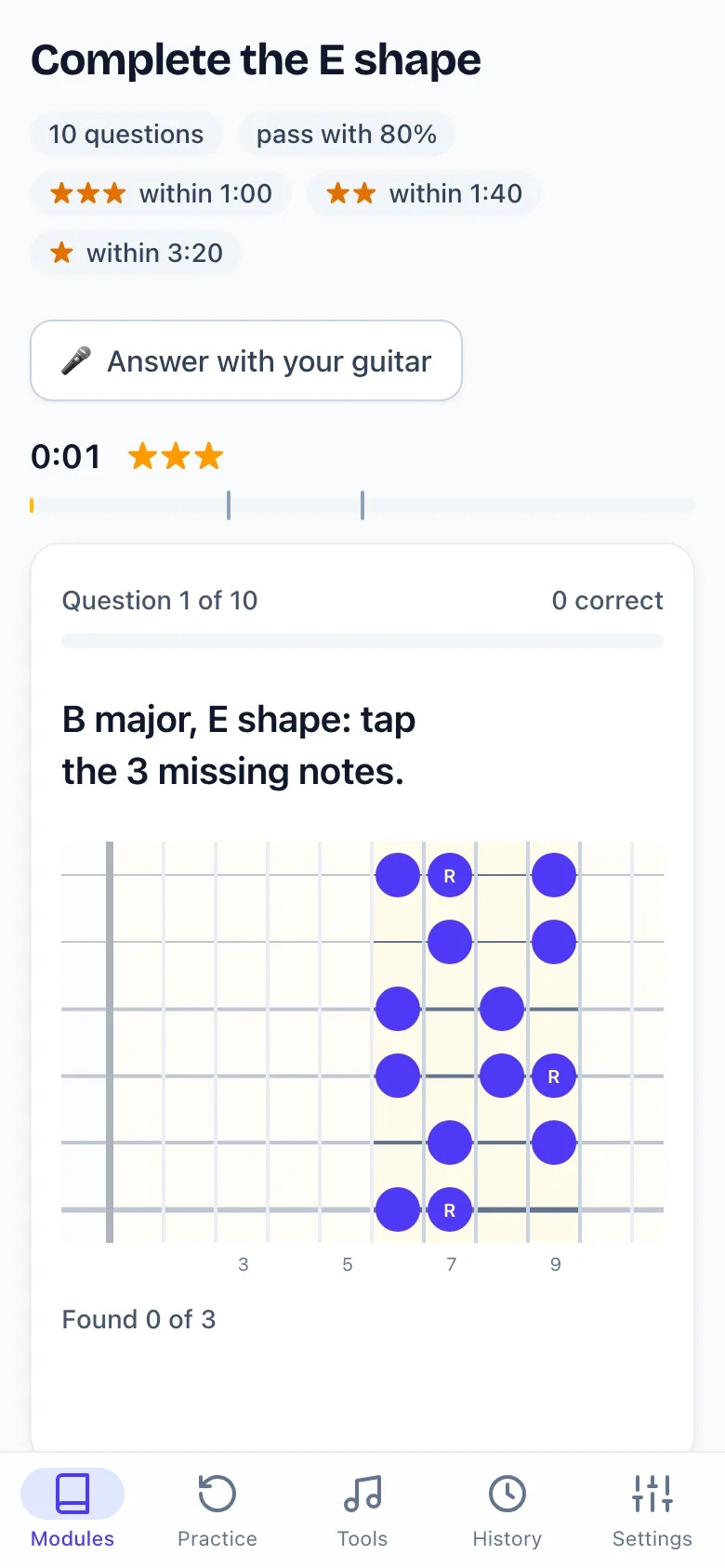 A fretboard exercise on a phone: complete the E shape of G major by tapping the three missing notes.