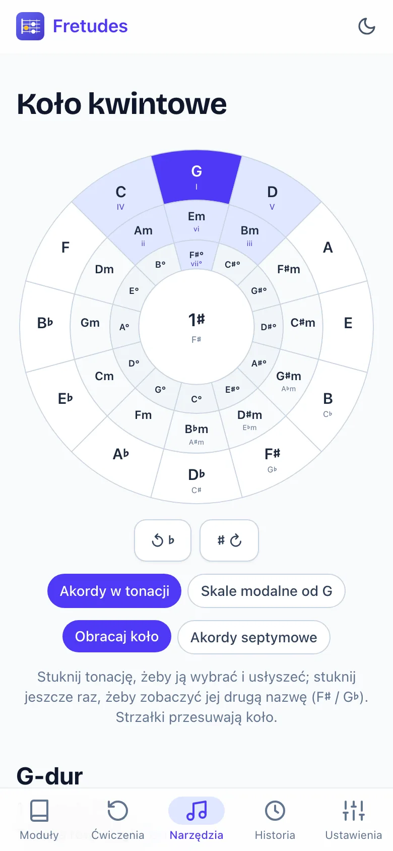 Koło kwintowe w telefonie, obrócone na G-dur, z podświetlonymi i ponumerowanymi akordami.