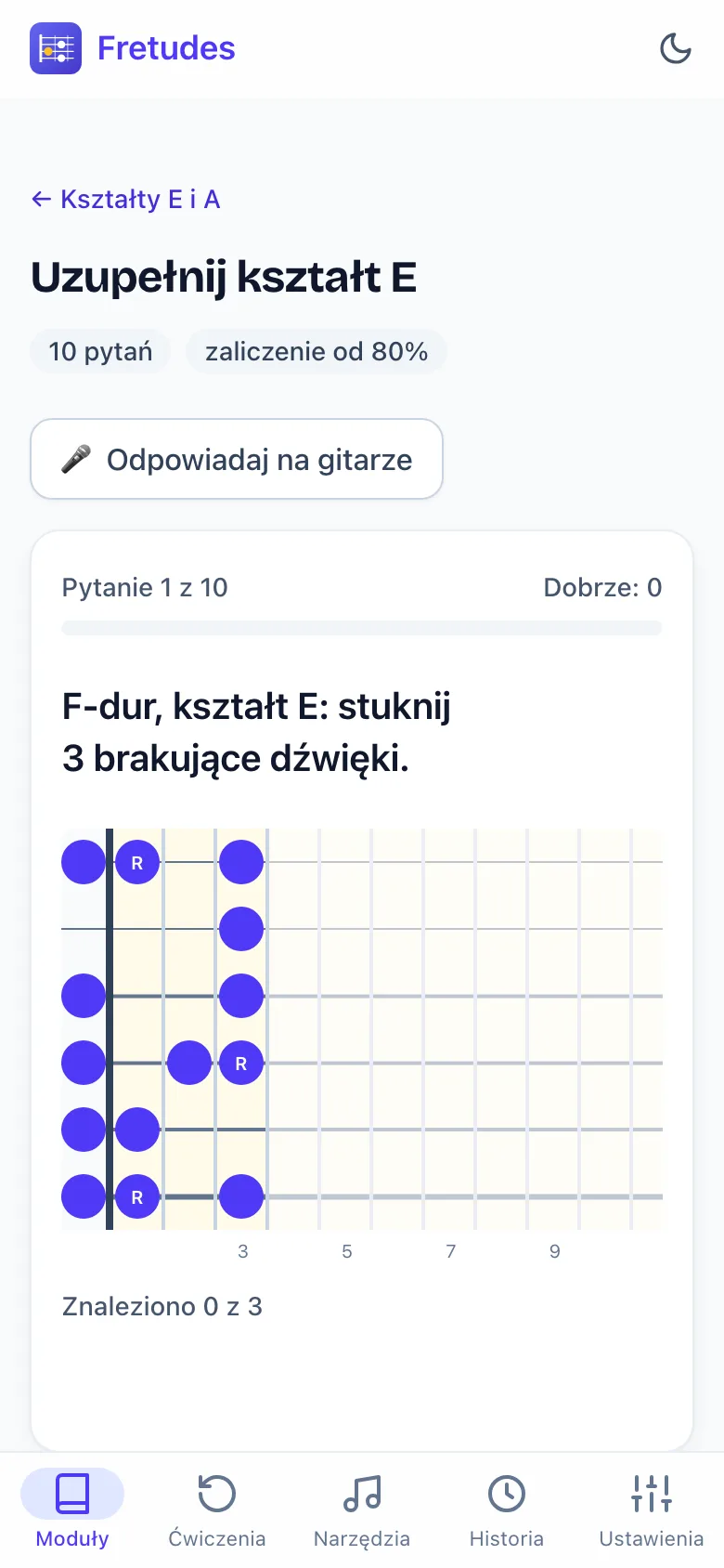 Ćwiczenie na gryfie w telefonie: uzupełnij kształt E skali G-dur, dotykając trzech brakujących dźwięków.